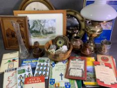 CONVEX BOBBLE MIRROR, brass based oil lamp, old maps, treen and other miscellaneous items