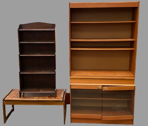 FURNITURE ASSORTMENT - teak effect bookcase cabinet, 180cms H, 94cms W, 41cms D, waterfall five