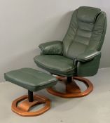 STRESSLESS TYPE ARMCHAIR & FOOTSTOOL, revolving and reclining in green leather effect, 103cms H,
