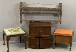 VINTAGE OCCASIONAL FURNITURE - four items to include a carved oak open Delft rack with sea beast