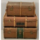 VINTAGE TRUNKS (3), all wooden banded, 35cms H, 92cms W, 52cms D the largest