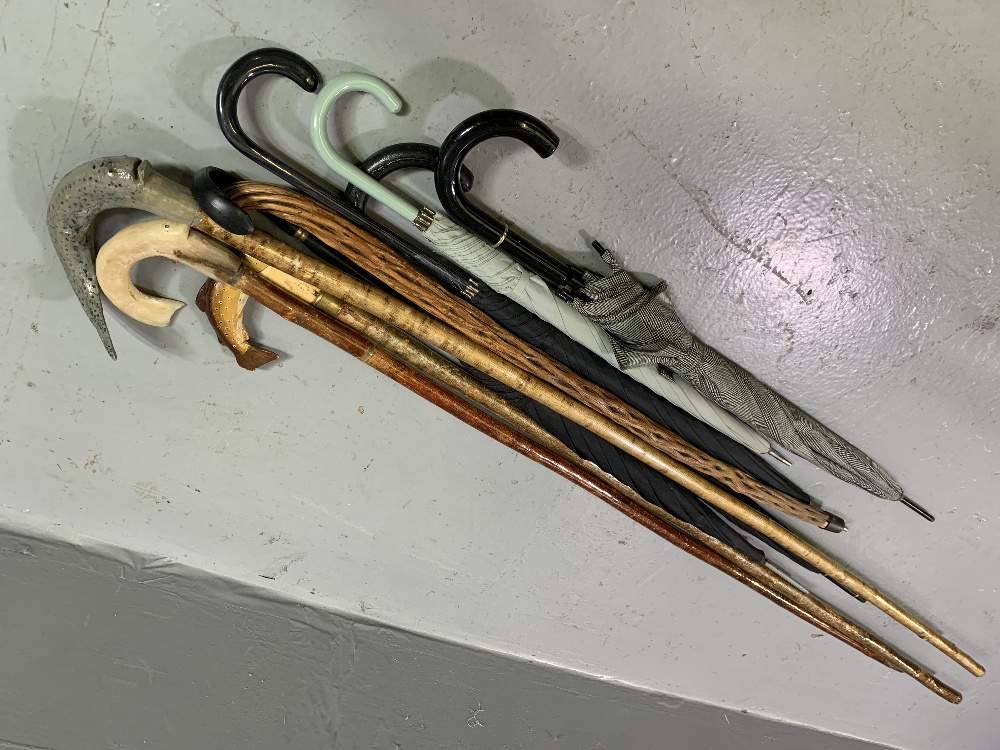 SHEPHERD'S CROOKS with carved fish shaped handles, other sticks and umbrellas - Bild 2 aus 2