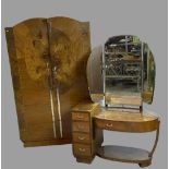 ART DECO STYLE BEDROOM FURNITURE - walnut effect, two door wardrobe, 192cms H, 119cms W, 48cms D and