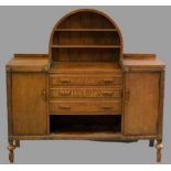 EDWARDIAN SIDEBOARD with domed top central rack, three drawers and two doors to the front, on turned