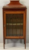 ANTIQUE MAHOGANY SINGLE DOOR DISPLAY CABINET with inlay, railback and on tapered supports, 121cms H,