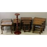 OCCASIONAL TABLES - two polished nest of three, a drop leaf and two glass topped examples, also a