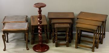 OCCASIONAL TABLES - two polished nest of three, a drop leaf and two glass topped examples, also a
