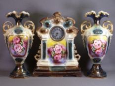 VICTORIAN CHEAPWARE FLORAL DECORATED CLOCK GARNITURE - 45cms tall the clock