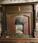 ANTIQUE OAK FIRE SURROUND - with barley twist pillars, copper centre section, hood and fender, 142 x