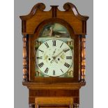19th CENTURY OAK & MAHOGANY LONGCASE CLOCK by Williams of Bangor, painted arched top dial with