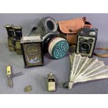 MILITARIA - gas mask, old field glasses, vintage box camera, fan, carriage clock, Acme thunderer