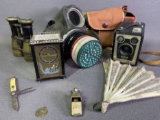 MILITARIA - gas mask, old field glasses, vintage box camera, fan, carriage clock, Acme thunderer