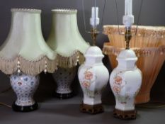 LIGHTING - two pairs of decorative china table lamps with shades