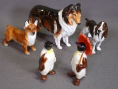 ROYAL DOULTON DOGS - collie 13cms H, 19cms L, corgi and a spaniel, also two Beswick standing