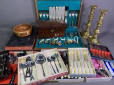CASED CUTLERY, a good assortment, brass candlesticks, a pair, an antique Rosewood tea caddy and an