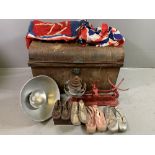 METAL TRUNK & COLLECTABLES to include Union Jacks, antique children's shoes and ballet shoes,