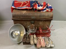 METAL TRUNK & COLLECTABLES to include Union Jacks, antique children's shoes and ballet shoes,