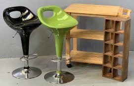 BAR TYPE STOOLS - a pair of chrome and fibreglass stools, light wood effect kitchen trolley/