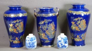 EASTERN DECORATED COBALT BLUE VASE TRIO - 33cms tall and a pair of blue and white smaller Chinese