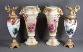 MILK GLASS & METAL EWERS - floral decorated, a pair, 41cms tall and a pair of floral decorated