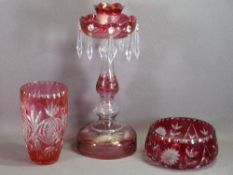 CRANBERRY GLASS LUSTRE CENTREPIECE, 42cms H and two items of Bohemia type cranberry glass