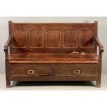 ANTIQUE SETTLE with five fielded panel back and two base front drawers, 102cms H, 153cms W, 58cms D