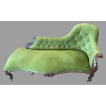 EDWARDIAN CHAISE LONGUE - fine example, on carved supports, upholstered in green dralon and button