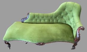 EDWARDIAN CHAISE LONGUE - fine example, on carved supports, upholstered in green dralon and button