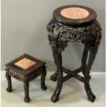 CHINESE MARBLE TOPPED PLANTER STAND, 60cms H, surface diameter 28cms and a small square topped