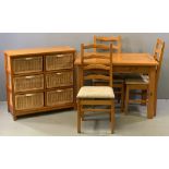 OBLONG MODERN PINE KITCHEN TABLE, 75cms H, 107cms W, 68cms D, three ladderback chairs and a light