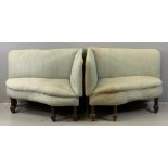 VINTAGE SINGLE SEAT CORNER SETTEES, a pair, on turned and block supports, 74cms H, 93cms W, 67cms
