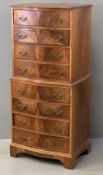 NARROW CHEST OF DRAWERS - reproduction chest on chest style, serpentine front, 137cms H, 58cms W,