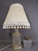 ORNATE GLASS BASED TABLE LAMP and a cut glass biscuit barrel