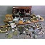 SPELTER WARE HORSES ON PLINTHS, a pair, 17cms H, treen, metalware including souvenir spoons and a