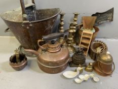 BRASS & COPPERWARE - good swing handled helmet coal scuttle, candlesticks, irons, kettle ETC