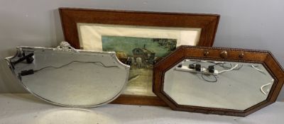 ART DECO STYLE CHROME FRAMED BEVELLED WALL MIRROR - 48cms H, 72cms W, an oak framed bevelled wall