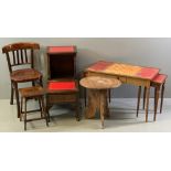 VINTAGE FURNITURE ASSORTMENT - games table ensemble, the larger with checkered and tooled top, 52cms