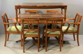 DINING TABLE & SIX CHAIRS - reproduction extending twin pedestal and yew effect and a reproduction