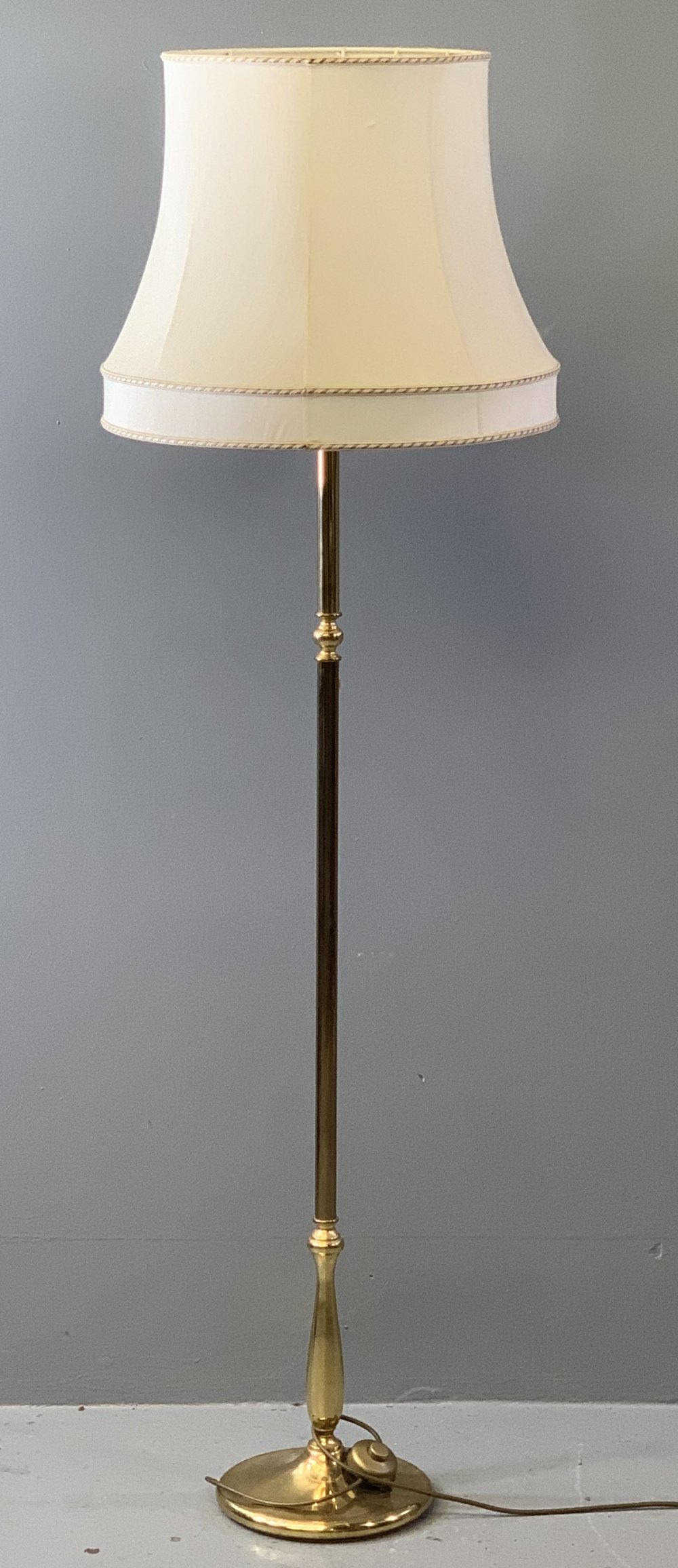 MODERN BRASS STANDARD LAMP with large cream coloured shade, antique wooden doll's cot, beaten - Image 2 of 3