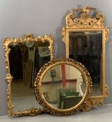ORNAMENTAL GILT FRAMED WALL MIRRORS (3), 122 x 68cms the largest and 66cms diameter the circular