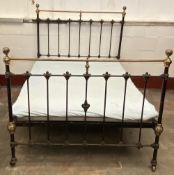 ANTIQUE BED - brass and iron with rails and base, headboard dimensions 142cms H, 140cms W