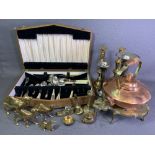 BRASS & COPPER including trivet stand, graduated camel ornaments, also wooden cutlery box with
