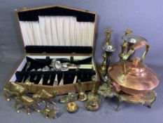 BRASS & COPPER including trivet stand, graduated camel ornaments, also wooden cutlery box with