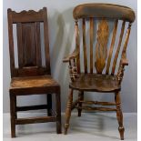 FARMHOUSE WINDSOR CHAIR, 114cms H, 58cms W, 42cms D and an early oak hall chair