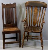 FARMHOUSE WINDSOR CHAIR, 114cms H, 58cms W, 42cms D and an early oak hall chair