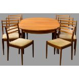 G-PLAN DINING TABLE & SIX CHAIRS - teak, extending, mid-Century style (table - 74cms H, 112cms W,