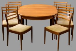 G-PLAN DINING TABLE & SIX CHAIRS - teak, extending, mid-Century style (table - 74cms H, 112cms W,