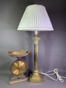 ANTIQUE BRASS LAMP with Corinthian and reeded column on a stepped square base, electrified with
