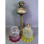 OIL LAMP & SHADES - a brass Corinthian column lamp with two excellent etched glass shades, one