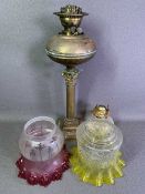 OIL LAMP & SHADES - a brass Corinthian column lamp with two excellent etched glass shades, one